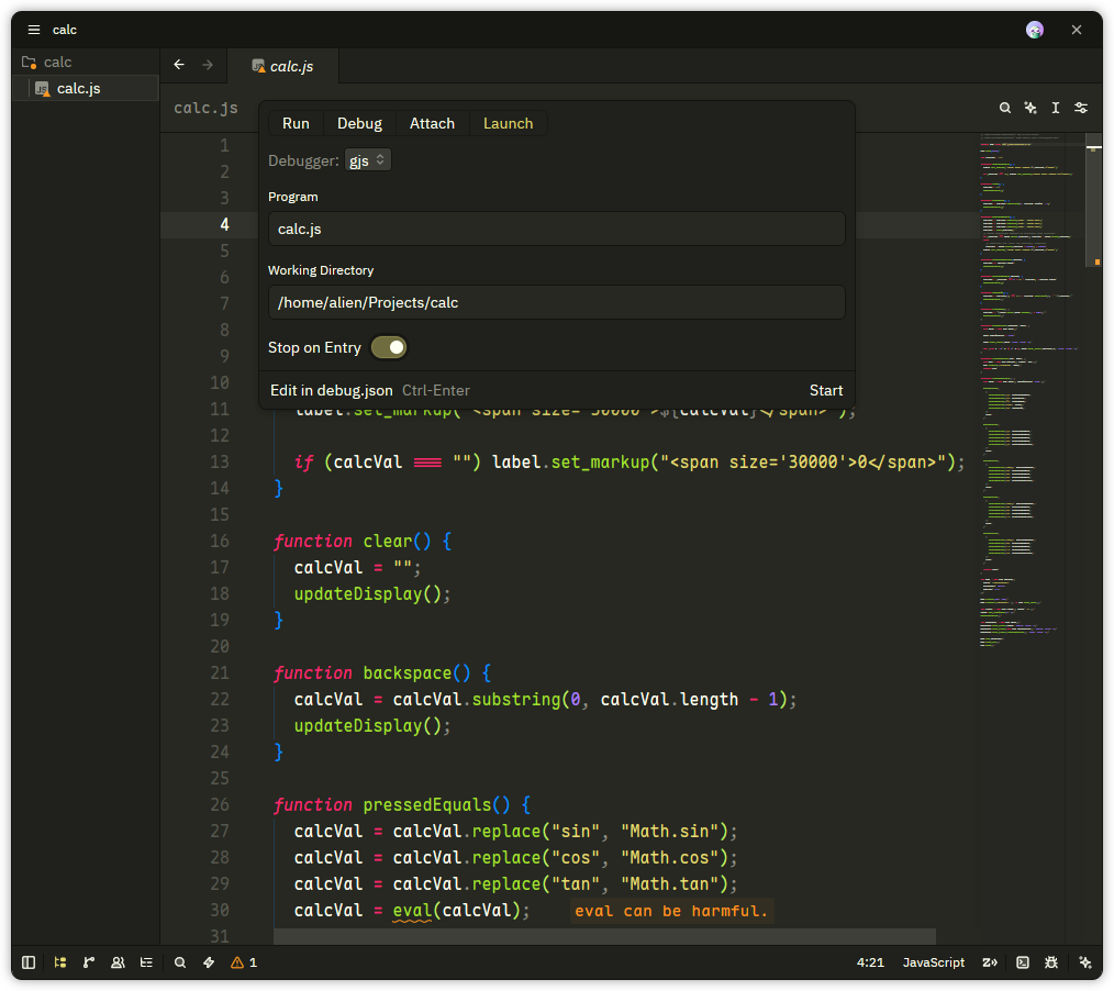 GJS debugger launch options