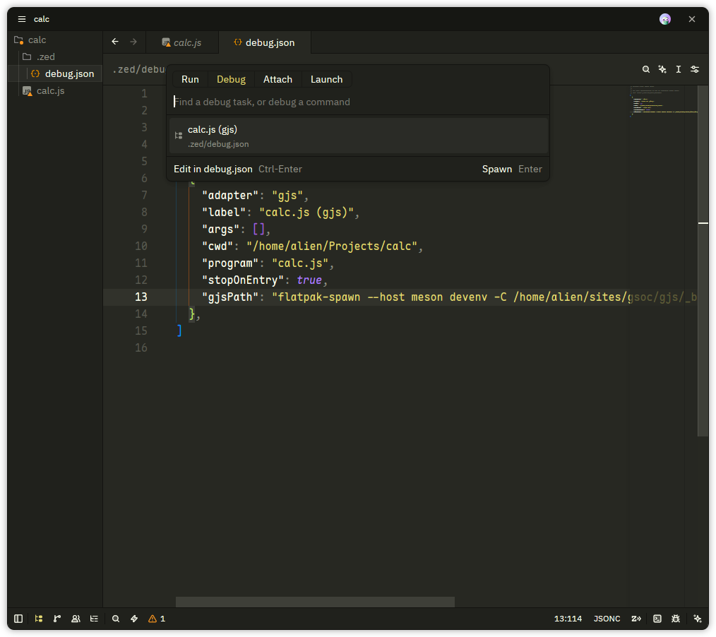 GJS debugger run dialog